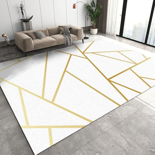 BOONGA Goldene Linien geometrisches Weiß Teppich Wohnzimmer Schlafzimmer Esszimmer, Kurzflor Krabbelmatte Moderne 3D Druck Bedruckter Kinderteppich, 150 x 200 cm