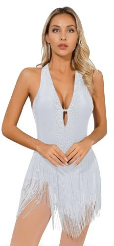 TTAO Damen Pailletten Tanz-Body Ballettbody Ärmellos Glitzer Gymnastikbody Ballett Trikot Leotard Latein Overalls Turnanzug Ballettanzug Weiß G S