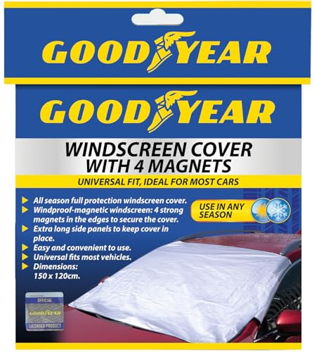 Goodyear Magnetic Car Windscreen Cover Sun Shade – Protects Against Sun Snow, Frost, and Ice, 4 Powerful Magnets, Double Side Windshield Flaps, Silver, 150 x 120 cm