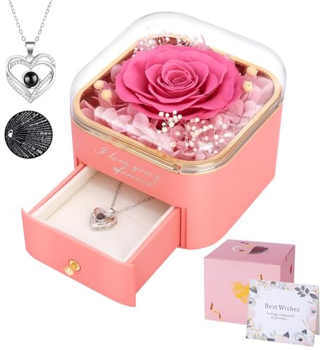 Firestyle Preserved Pink Real Rose with I Love You Necklace in 100 Languages-Eternal Flowers Rose Gifts for Her Women Mum Wife Girlfriend on Christmas Valentines Day Mothers Day Anniversary Birthday