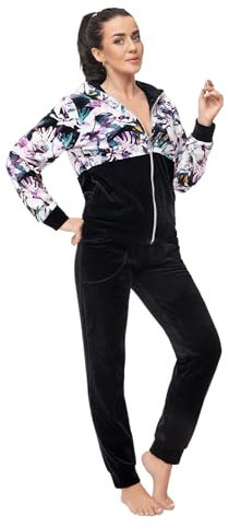 LEVERIE Tuta Wellness da donna alla moda/Tuta da casa/Tuta da allenamento (Made in EU) con elegante giacca in felpa e comodi pantaloni (L, nero con motivo floreale)