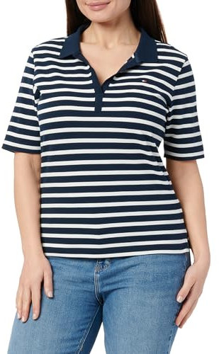 Tommy Hilfiger Donna Maglietta Polo Maniche Corte 1985 Pique Regular Fit, Multicolore (Dark Night Navy/Ecru STP), L