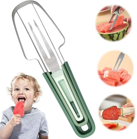 JAMSSOW 3-in-1 Watermelon Fork Slicer Cutter, Stainless Steel Watermelon Popsicle Cutter, Portability Fruit Fork for Camping Kitchen Gadgets(Green)