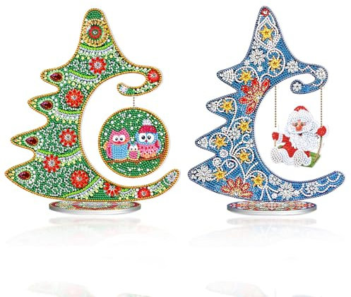 JISHSHAY 2 Pcs Diamond Art Tabletop Decoration Christmas Diamond Painting Desktop Ornaments Christmas Tree Single Sided Special Shaped Crystal Diamond Art Kits Diamond Art Christmas Ornaments
