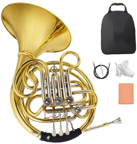 Doppeltes französisches Horn, vier Tasten in F/Bb-Stimmung, ausgewähltes Messing, abnehmbares Design, kommt mit Rucksack, Handschuhen, Reinigungstuch und Reinigungsset (Gold)