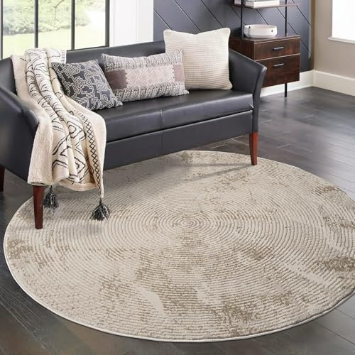 carpet city Teppich Wohnzimmer - Beige - 160 cm Rund - Klassisch Modern - Vintage-Optik, Meliert, Used-Look - Teppiche Kurzflor Schlafzimmer, Esszimmer