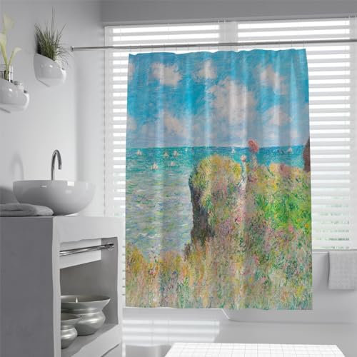 MOKOSAISE Claude Monet Duschvorhang Liner Frau Walking On Cliff Maschinenwaschbare Badewanne Duschvorhänge Badzubehör Schnell Trocknend W120x180cm