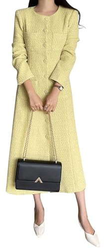 CHARTOU Damen-Tweed-Kleid, langärmelig, einreihig, elegant, langes Tweed-Blazerkleid