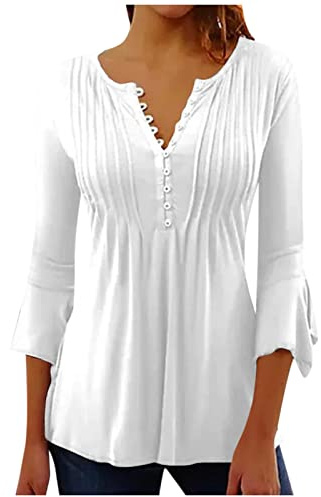 SCBFDI Longshirt Damen Lässig für Leggings 3/4 Arm Oberteile Glockenärmel | Tuniken mit V-Ausschnitt Geknöpft T-Shirts mit Farbverlauf Schmale Passform Baumwoll-Leinen Jacquard-Blusen