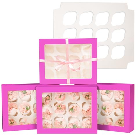 Gcardist Auto-pop Up 12 Cupcake Boxes with Window Roland 6 Packs Cupcake Box 33x25.4x9cm Bakery Boxes For Cupcakes Carrier, Cupcake Containers