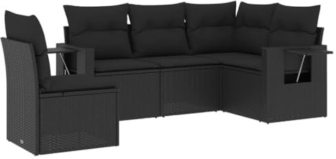 HETFTJN Eckbank Mit Tisch Gartenmöbel Set Gartensofa Gartenlounge - 5-TLG. Garten-Sofagarnitur mit Kissen Schwarz Poly Rattan für Balkon Restaurant Terrasse Café