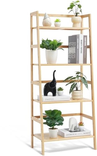 VEVOR Estantería de Escalera de Bambú de 4 Niveles de 530 x 320 x 1250 mm, Estantería Trapezoidal Abierta, Soporte Independiente para Plantas y Flores para Baño, Dormitorio, Oficina, Color Madera