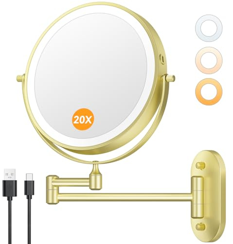 Auxmir Wiederaufladbarer beleuchteter Make-up-Spiegel, zur Wandmontage, 20,3 cm, doppelseitig, 1 x / 20-fache Vergrößerung, 3 Farblichter, dimmbar, Badezimmer-Kosmetik mit 360° Drehgelenk, 33 cm