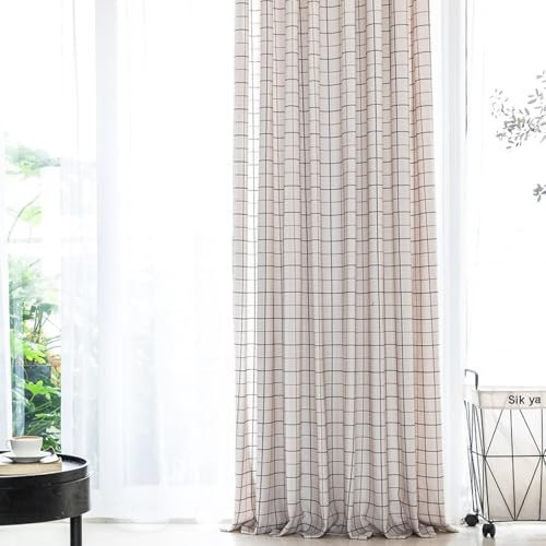 Tolldek 1Pcs Scheibengardine Halbtransparent H90 x B60cm, Gitter Muster Scheibengardinen Bad, Rod Pocket Leinen Schlaufen Gardinen für Küche Wohnzimmer Landhaus, Beige Weiß