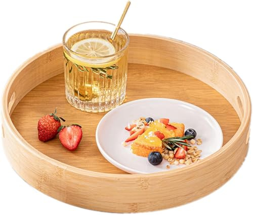 Bambus-Serviertablett, Rundes Tablett Holz mit Griffen und erhöhter Rand, Servierplatte für Lebensmittel Kaffee Wein Kaffee Tee Obst Mahlzeiten