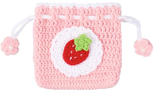 GORGECRAFT Porte Monnaie Tricoté Rose Fait à la Main avec des Fraises de Dessin Animé Sacs à Cordon Imitation Perle Porte Monnaie Kawaii Pochette Portefeuille Sac à Main pour Monnaie Casque Bijoux