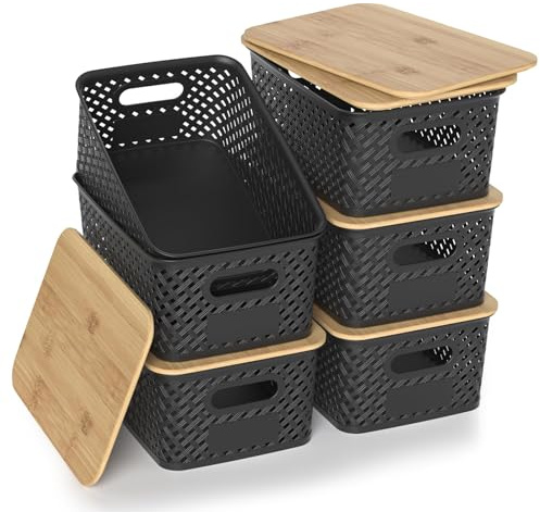 HapiLeap Plastic Storage Baskets With Bamboo Lid, Stackable Plastic Storage Boxes for Organizing Pantry Shelves Drawers Desktop Closet Playroom Classroom Office, 6 Pack (Black)