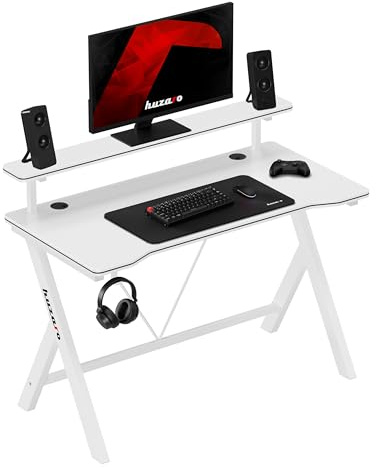 huzaro Hero 1.9 Ergonomischer Gaming Tisch mit LED, 120 x 60 cm | Gamer Tisch mit Stahlgestell, Kratzfestes Carbon Design, Kabelmanagement, Kopfhörerhalter, Büro & Home Office, Weiß