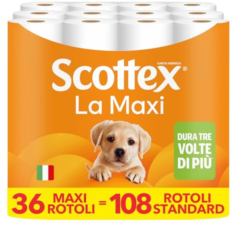 Scottex Papier toilette La Maxi, rouleaux de papier hygiénique à durée triple, extra doux et absorbants, avec trame 3D, 36 maxi rouleaux de 500 déchirures (18 000 déchirures)