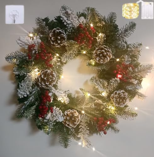 Weihnachtskränze mit 30 LED-Lichtern, Weihnachtskranz für Urlaub, Outdoor, beleuchteter Weihnachtskranz für Haustür, Weihnachtsfeier-Dekorationen, 45 cm