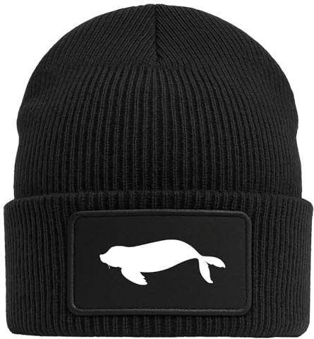 Huuraa Beanie Robbe Silhouette Geschenk | Black Geschenkidee Schwarze Rippstrick Wintermütze mit austauschbarem Klett Patch