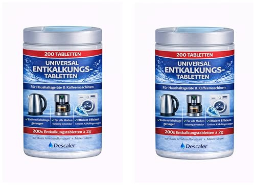 2x 200 Universal Entkalker Entkalkungstabletten Amidosulfonsäure Maleinsäure für Cappucinomaschine, Espressom., Kaffeemaschine, Kaffeevollautomat, Kaffeepadmachine, Kapselmaschine