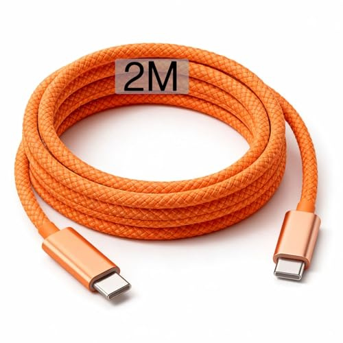 Orange 2m USB C to USB C Cable for IPhone 17/17e/16/15, Fast Charger for IPhone 17 Air/16 Pro Max/Plus/16e, Long Charging Lead for iPad Pro 10/11th, Google Pixel 9/8/7/6, Samsung Galaxy Z Flip 4/5/6/7