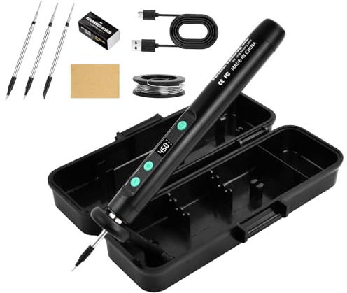 Mapille Saldatore a Stagno Portatile Senza Fili, Set di Saldatore a Batteria Ricaricabile USB-C con LCD, 3 Punte, Temperatura Regolabile 180℃-450℃, per riparazioni, Saldatura, Progetti fai da te