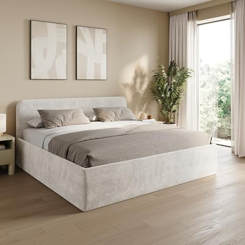 Home Collective Polsterbett 200x200 cm Doppelbett Bett mit verstellbarem Lattenrost & Stauraum, viele Größen verfügbar | Kordstoff Hellbeige