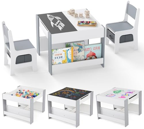 DREAMADE Kindertisch mit 2 Stühle, Kinder Tisch Stuhl Set (Grau) | Kindersitzgruppe mit abnehmbarem doppelseitigem Tafeleinsatz, verstecktem Stauraum und 2 Seitenschubladen für Kinderzimmer