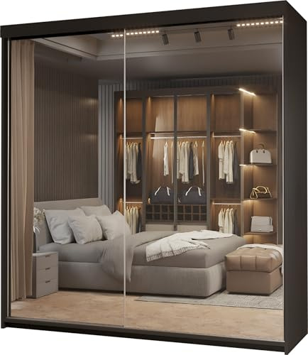 MN Furniture Modern Sliding Wardrobe with Mirror, Bedroom Storage Cabinet with 4 Shelves, 2 Drawers & 1 Rail (Black, 200cm)