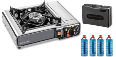 Hornillo de gas 2200 W INOX + 4 cartuchos de gas 190 g KEMPER