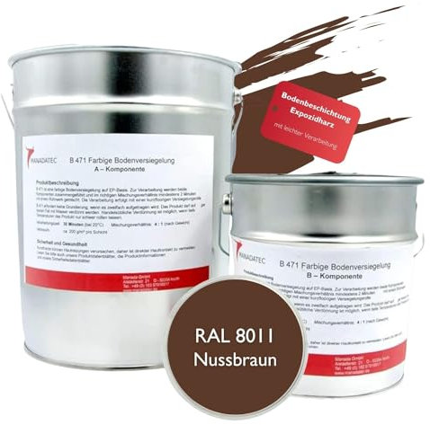 MANADATEC 2k Epoxidharz Bodenbeschichtung 5kg I RAL 8011 Nussbraun I Lösemittelfrei, Umweltfreundlich & Geruchsneutral I Beschichtung für Garagen- & Kellerböden I Hohe Schlagfestigkeit