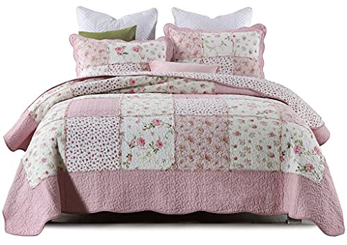Echte Patchwork Tagesdecken Quilt 3PCS Queen 100% Baumwolle Steppdecken Double Bettüberwurf Pastoral Kleine Blume Schlafzimmer Dekoration Leichte Tröster/Bettdecke 230x250cm Mit 2 Kissenbezug 50x70cm
