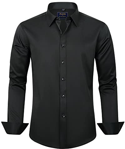 J.VER Men's Dress Shirts Solid Long Sleeve Stretch Wrinkle-Free Formal Shirt Business Casual Button Down Shirts Black Medium
