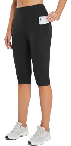 baleaf Knielange Kurze Leggings Damen Yogahose kurz high Waist Yoga Radlerleggings Sport Sommer mit Taschen Schwarz L