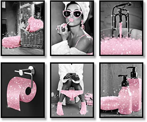 Luodroduo Lot de 6 impressions sur toile à paillettes, noir et blanc, rose, glamour, affiches d'œuvres d'art modernes et amusantes pour salle de bain (noir et blanc, rose, 20,3 x 25,4 cm, sans cadre)
