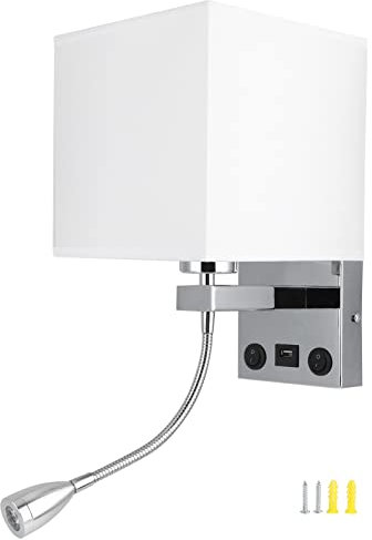 Tissting Luz de Pared LED con USB, Moderna Luz de Lectura Junto a la Cama con Brazo Oscilante, Tela de Lino, Cargador USB, para Dormitorio, Sala de Estar, Hotel