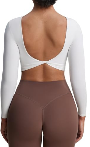 Aoxjox Langärmeliges Crop-Top für Damen, Emma Twist Back Workout, bauchfreies T-Shirt, Weiss/opulenter Garten, Mittel