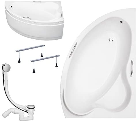 KOLMAN Badewanne ADA Eckbadewanne 140x90 Rechts mit AcrylSchürze, Ablaufgarnitur und Füßen Komplettset 4in1 Premium Original Acryl Wanne Siphon
