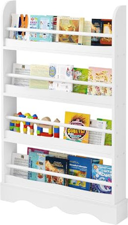 Lestarain Bibliothèque Montessori pour Enfants, Petite Étagère de Rangement à 4 Niveaux sur Pied, Meuble Mural en Bois et MDF pour Chambre d'enfants, Salle de Jeux, 80x12x118cm,Blanc