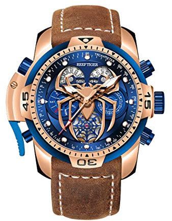REEF TIGER High-End leuchtende Sport Automatikuhr Spinne Zifferblatt mit Jahr Monat Ewiger Kalender Leder Mechanische Uhren RGA3532SP (RGA3532SP-PLLO)