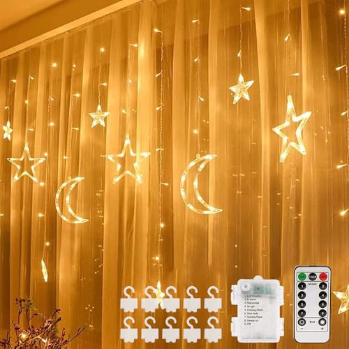 3.5m Stern Mond Lichterketten,LED Lichtervorhang mit Mond und Sterne,LED Sterne Mond Vorhang Licht,led Lichterkette Mond Sterne,mit 8 Blinkenden Modi,Lichterketten für Weihnachten Ramadan Dekoration