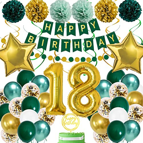 18. Geburtstag Deko Grün Gold - Dekoration für Junge, Mädchen, Frauen, Mann - Happy Birthday Banner, Luftballons, Konfetti