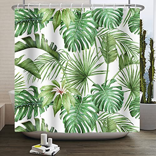 SDOTPMT 105x160cm Aquarell Grün Palmenblätter Dusche Vorhang Sommer Tropisch Botanische Pflanzen Badevorhang Dschungel Banane Monster Blatt Duschvorhang Badezimmer Vorhang mit Haken
