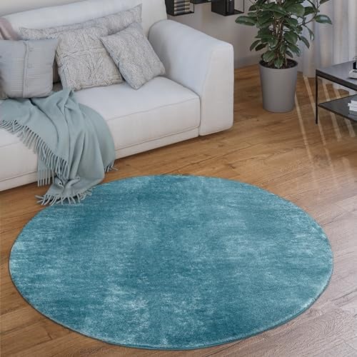 Paco Home Waschbarer Teppich Rund Wohnzimmer Kurzflor rutschfest Modern Flauschig Einfarbiges Muster, Grösse:160 cm Rund, Farbe:Türkis