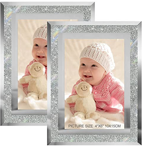 HIKWADERY Bilderrahmen, 10,2 x 15,2 cm, Silber, Glitzerndes Echtglas, Verspiegelter Rand, 4x6 cm, Für Tischaufsteller (2 Stück)