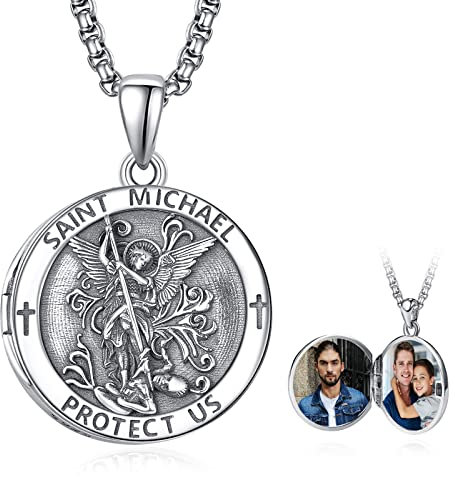 Foto Medaillon Heiliger Michael Kette 925 Sterling Silber St Michael Kette Anhänge für Foto Bilder Erzengel Michael Halskette Rund Amulett Schmuck für Herren