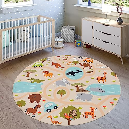 Paco Home Kinderteppich Teppich Kinderzimmer Spielteppich Junge Mädchen Modern rutschfest, Grösse:160 cm Rund, Farbe:Bunt 2