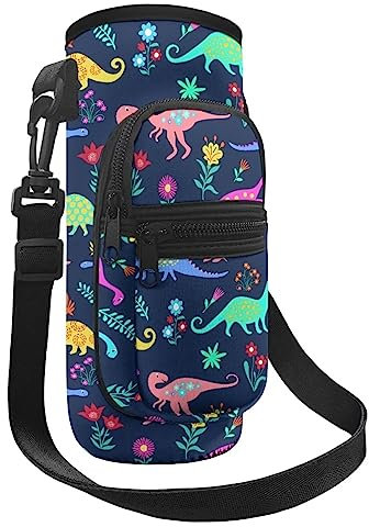 Belidome Cartoon Colourful Dinosaur Water Bottle Holder with Strap Pockets for Girls Boys School Bottle Carrier Bag